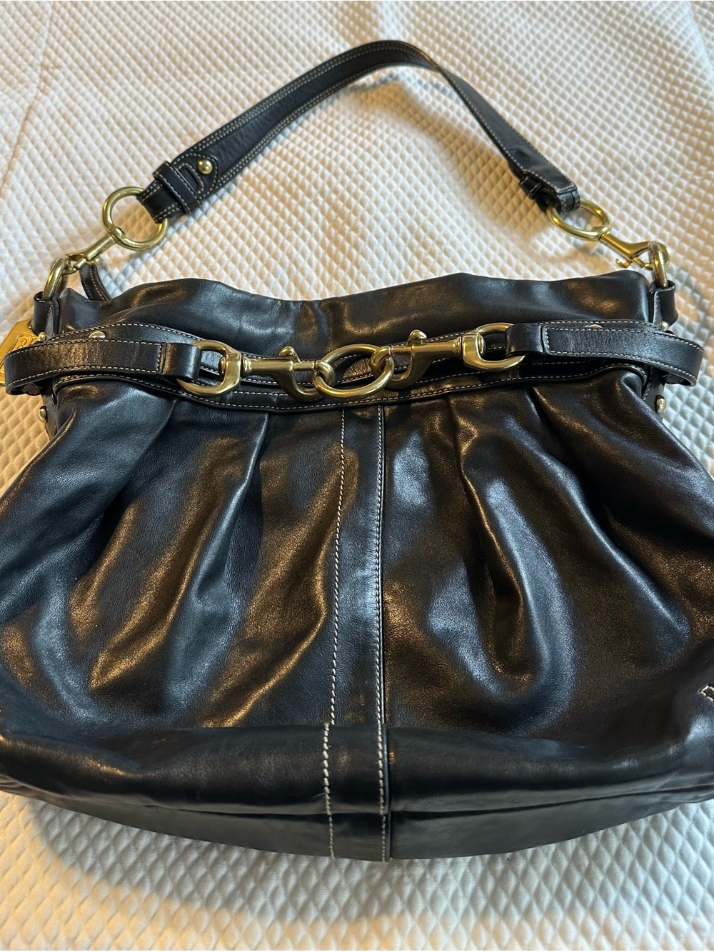Coach Hamptons F10205 black leather pleated hobo bag